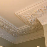 Ornate decorative plaster ceiling cornice with sculpted floral and grapevine motifs, shown installed in an interior room corner.